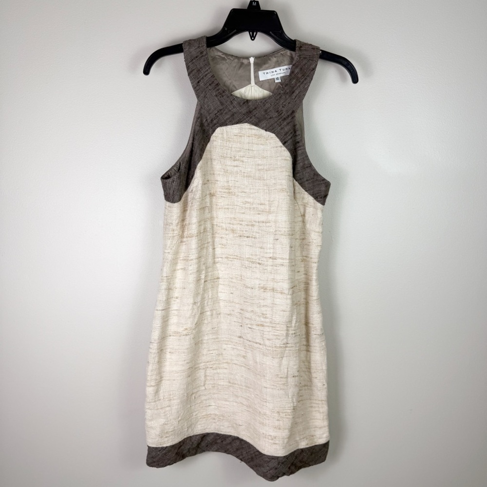 Trina Turk 100% Silk Shift Dress Beige Brown Contrast Sleeveless Size 10 Lined